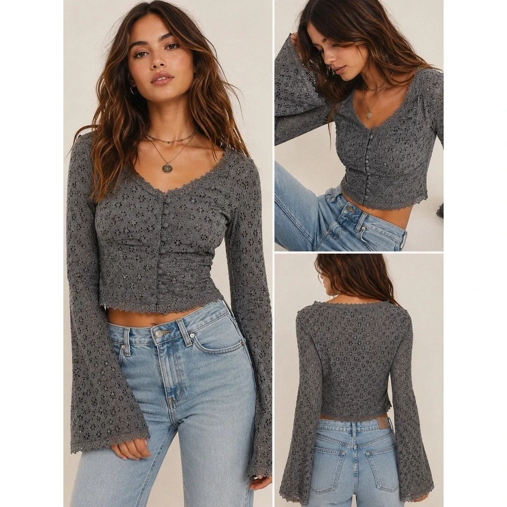Free People Eyelet Lace Button Front Crop Top Gray Size XS Bell Sleeve Boho